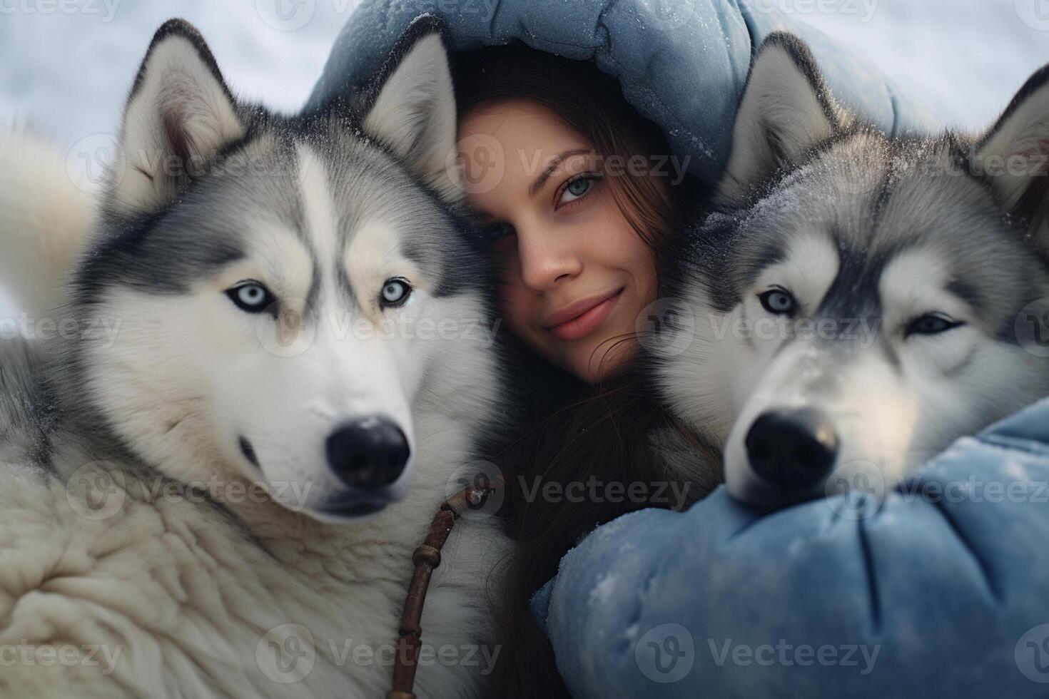 AI generated young woman hugging with her huskies dog with generative ai photo
