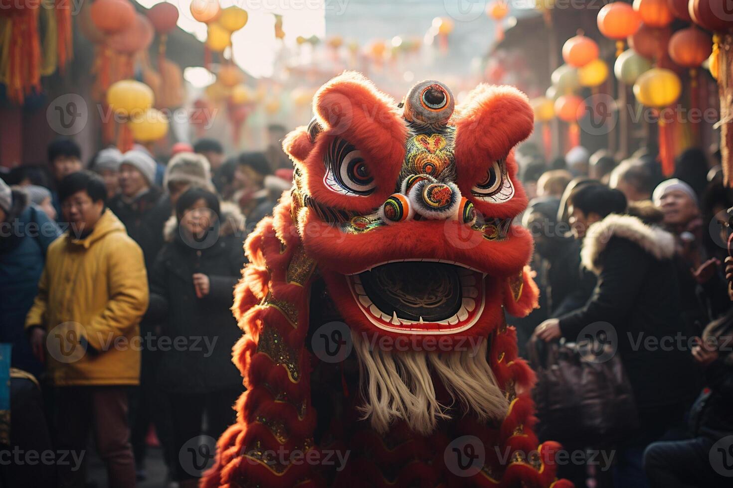 AI generated colourful chinese dragon dance costume in the town bokeh style background with generative ai photo