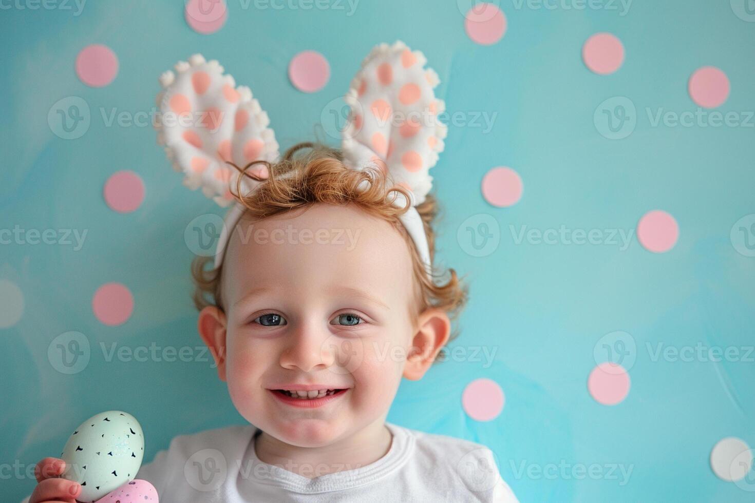 AI generated young boy kid holding colorful pastel easter eggs with generative ai photo