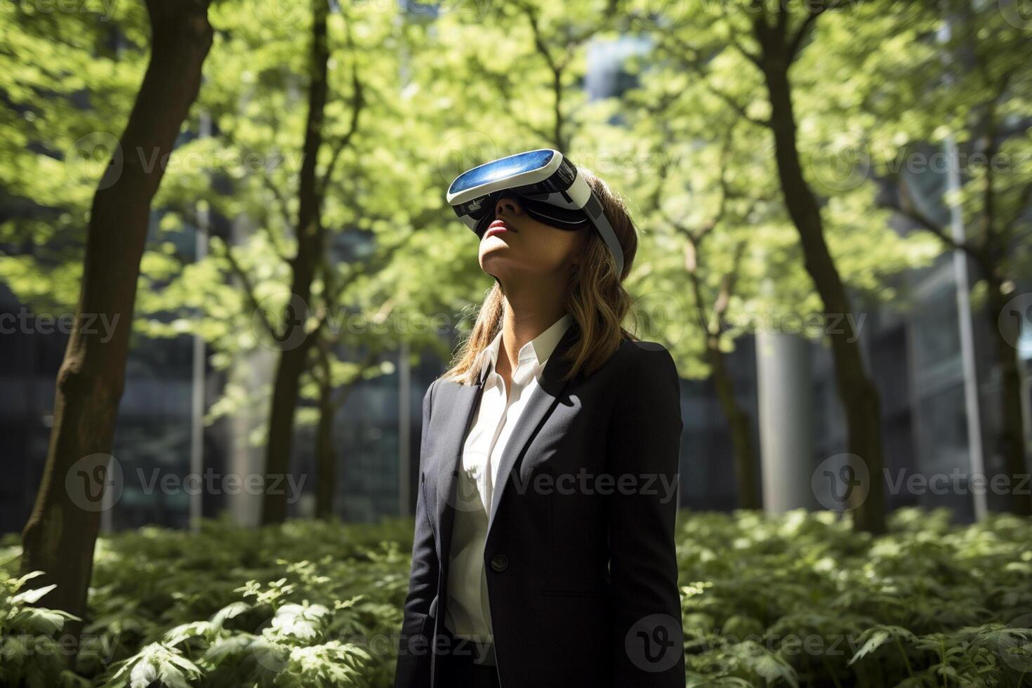 AI generated businesswoman wearing vr glasses looking at nature view bokeh style background with generative ai photo