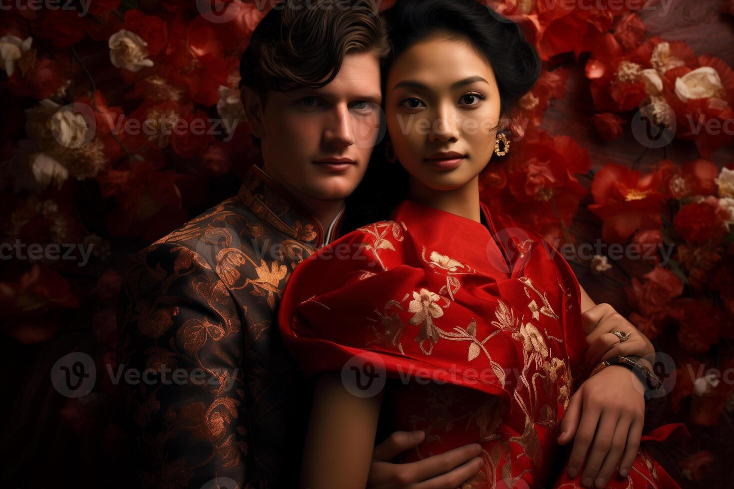 AI generated chinese couple in traditional clothes with generative ai photo