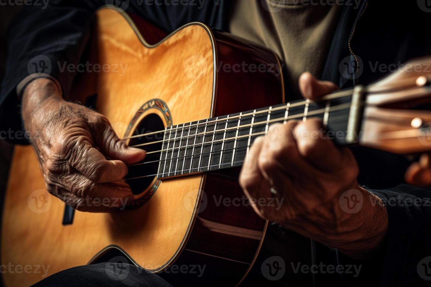 AI generated close up of hands playing an acoustic guitar bokeh style background with Generated AI photo