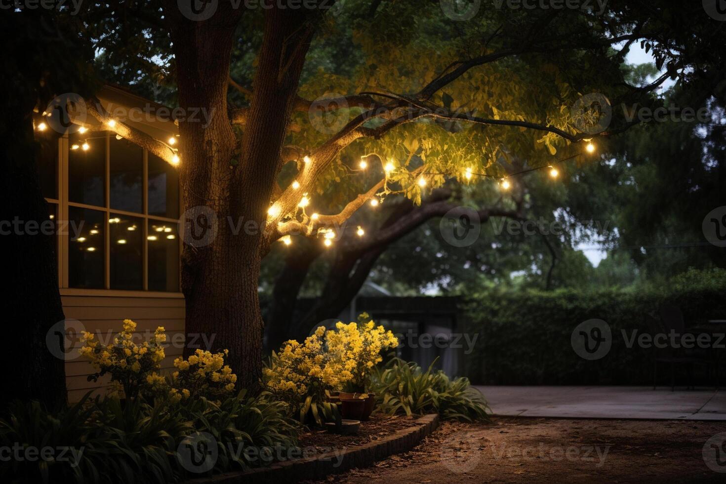 AI generated a string of lights hanging on the tree bokeh style background with generative ai photo