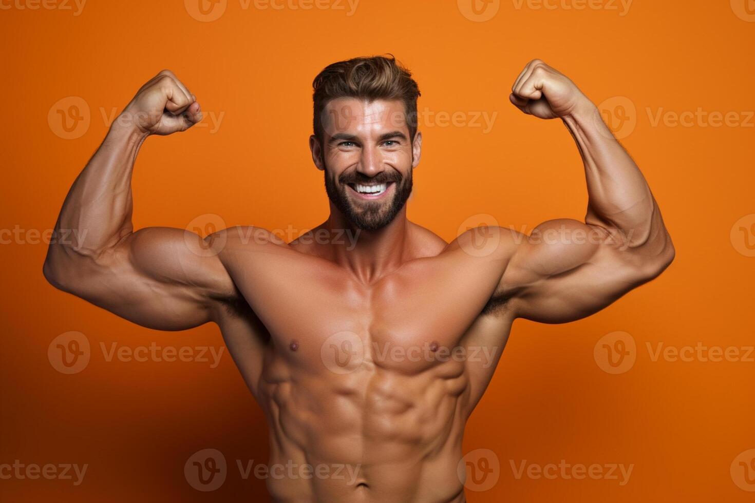 AI generated fitness man show his muscles on orange background with Generative AI photo