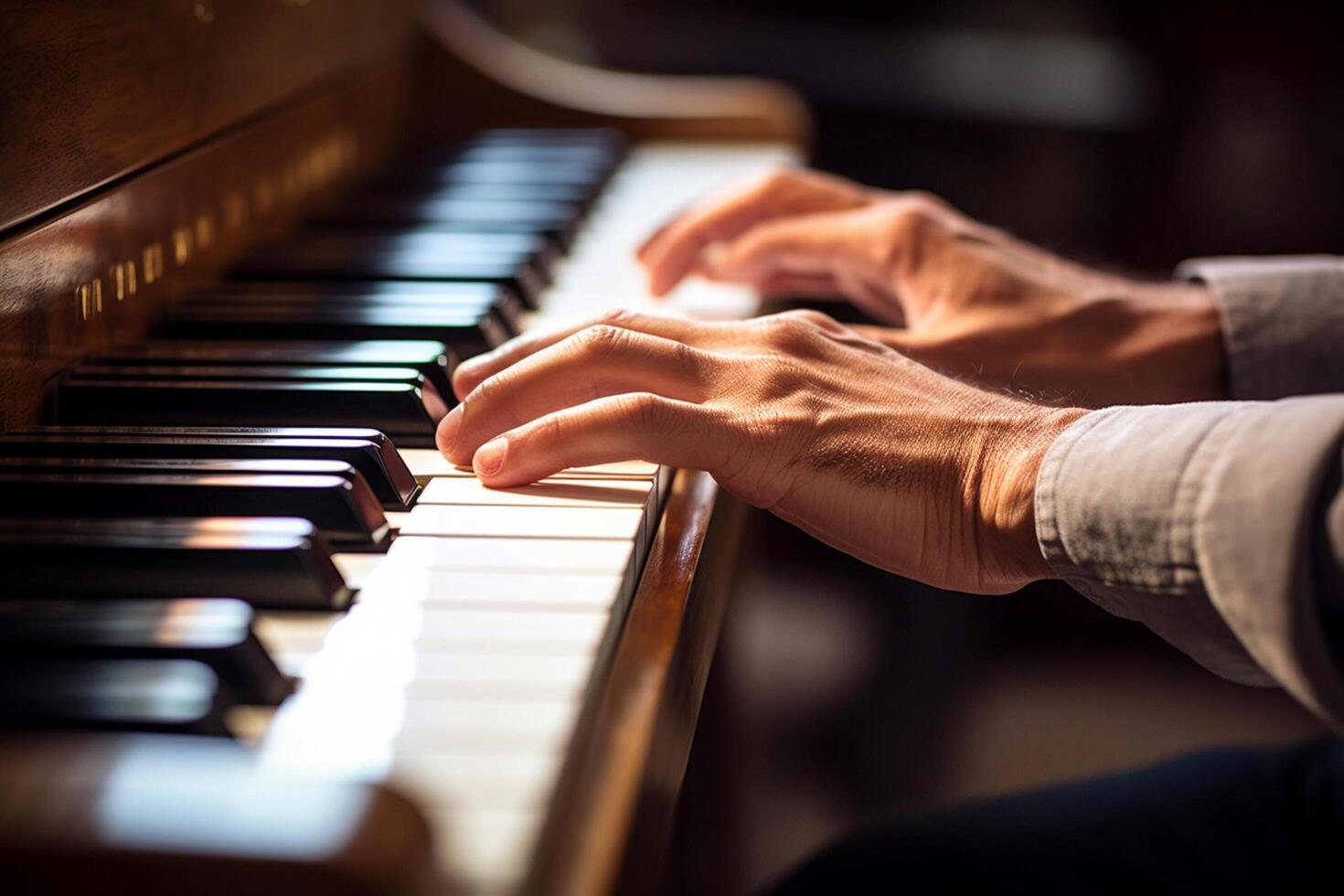 ai generado cerca arriba de manos jugando el piano bokeh estilo antecedentes con generado ai foto