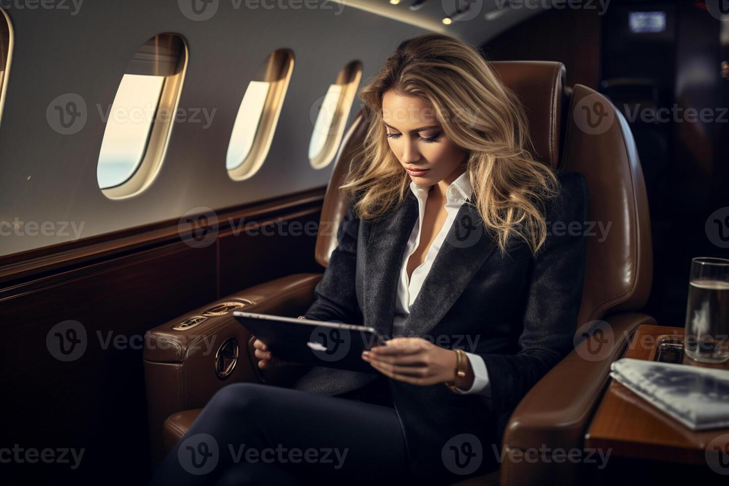 AI generated businesswoman sitting on private jet bokeh style background with Generated AI photo
