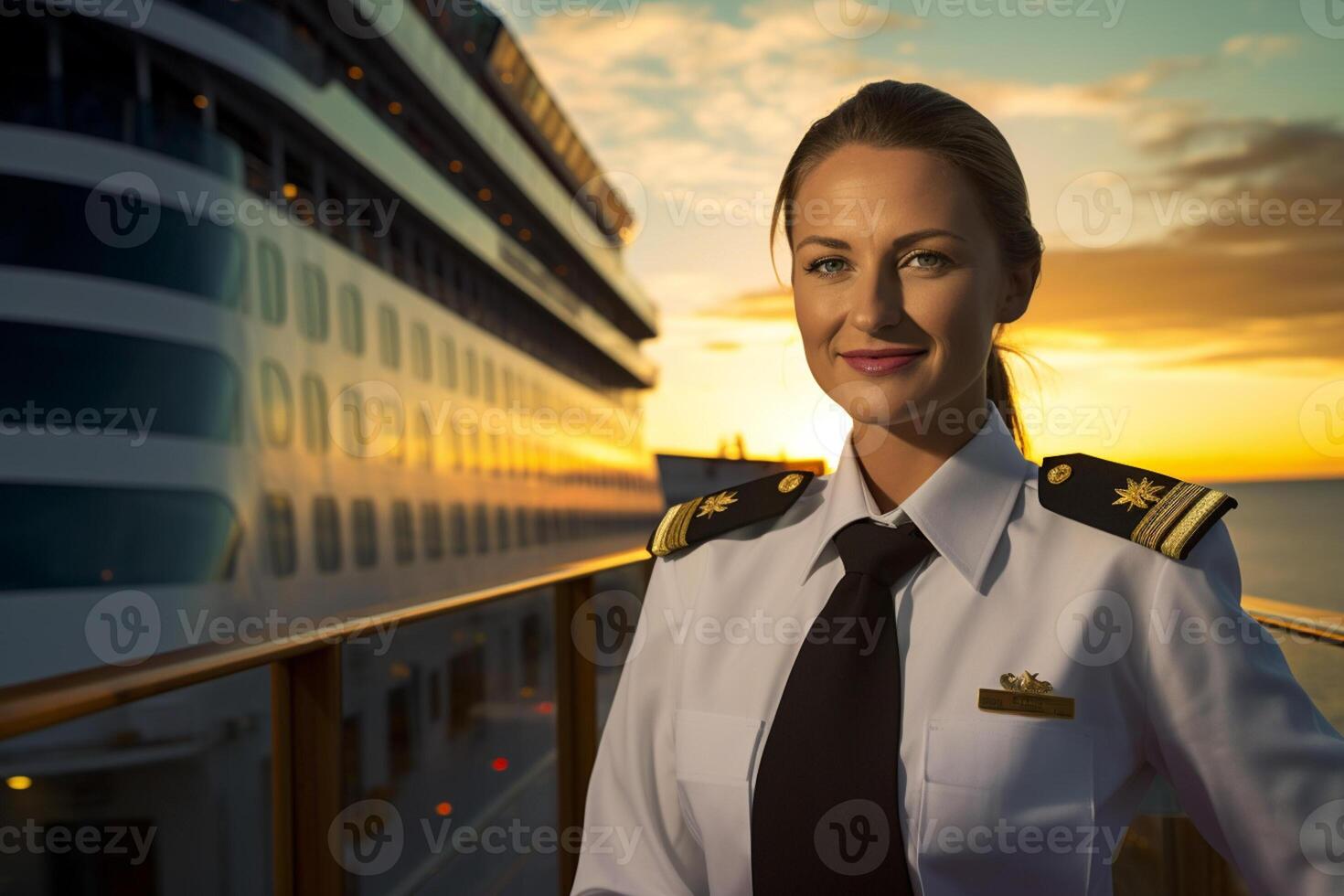 AI generated a female captain standing in front of the ship bokeh style background with Generated AI photo