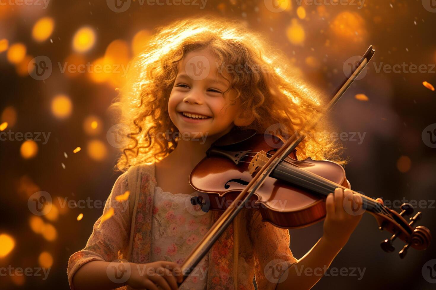AI generated young girl playing violin bokeh style background with Generative AI photo