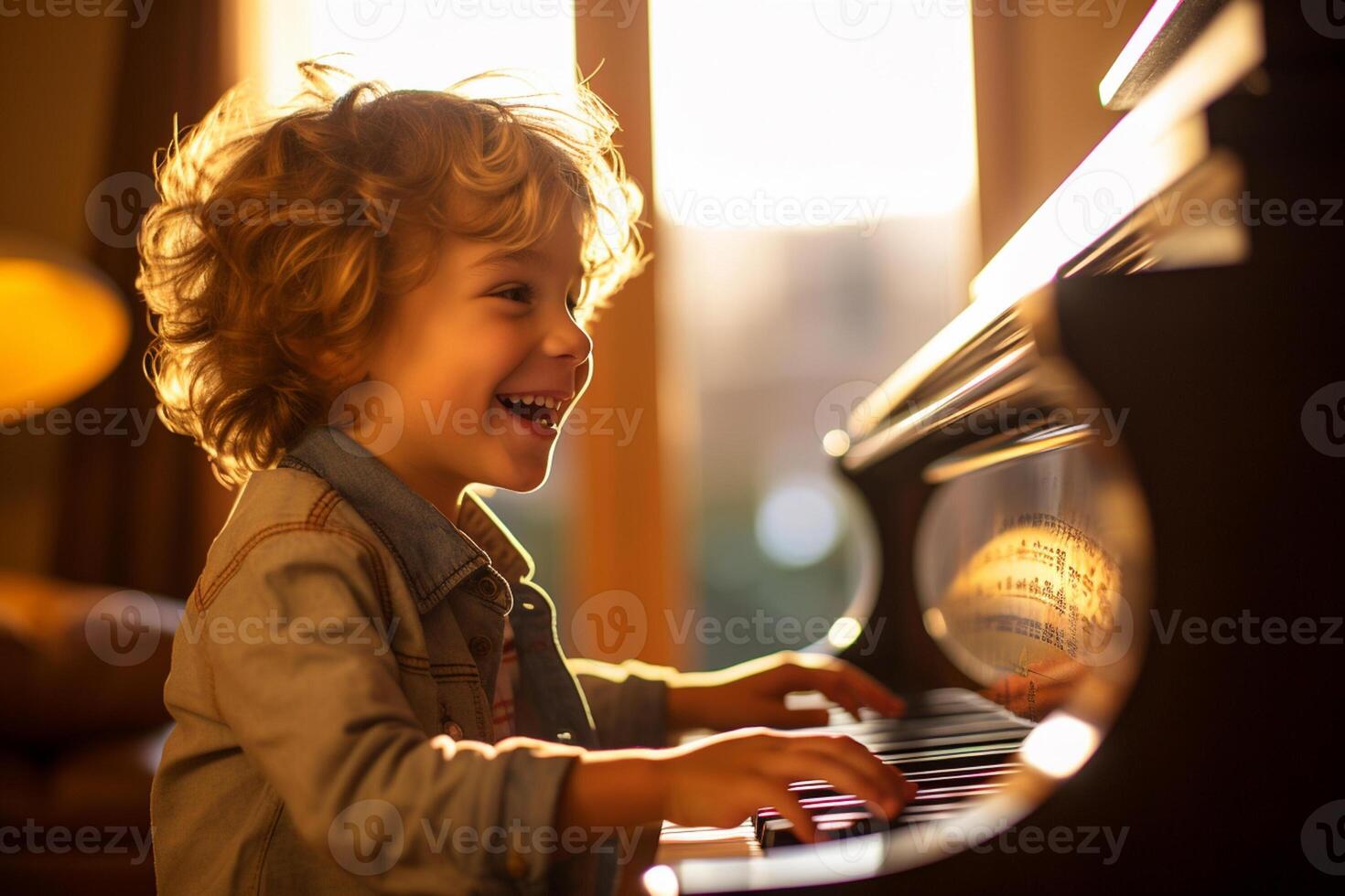 AI generated a boy playing piano in living room bokeh style background with Generative AI photo