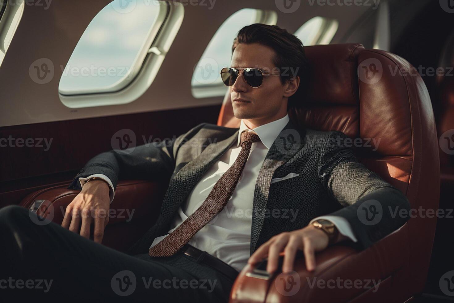 AI generated businessman sitting on private jet bokeh style background with Generated AI photo