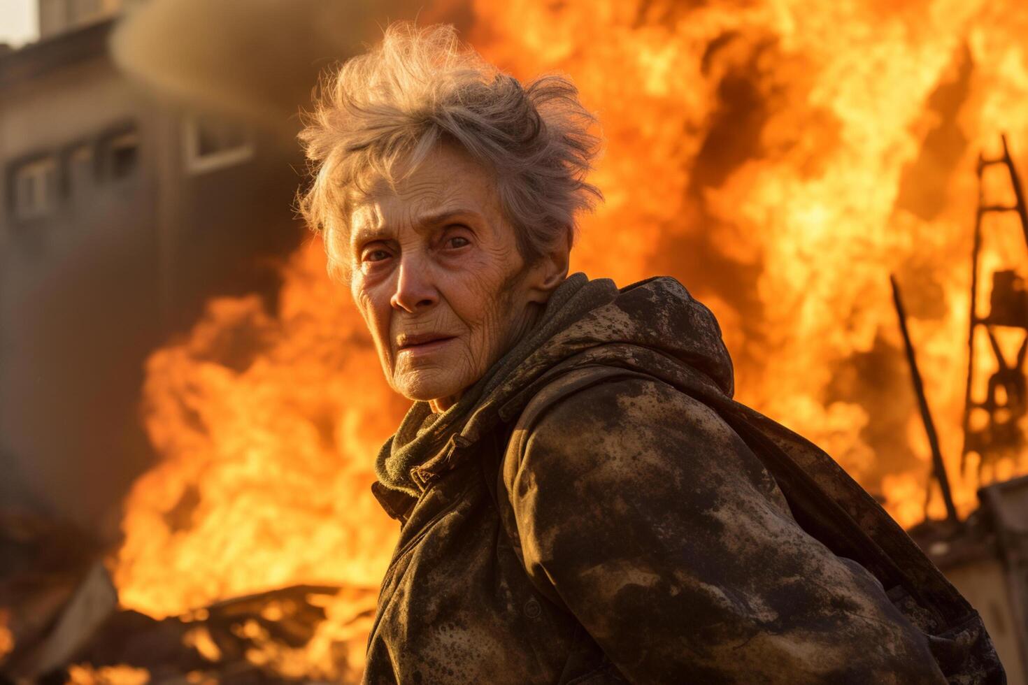 AI generated an old woman standing in front of a burning building bokeh style background with Generative AI photo
