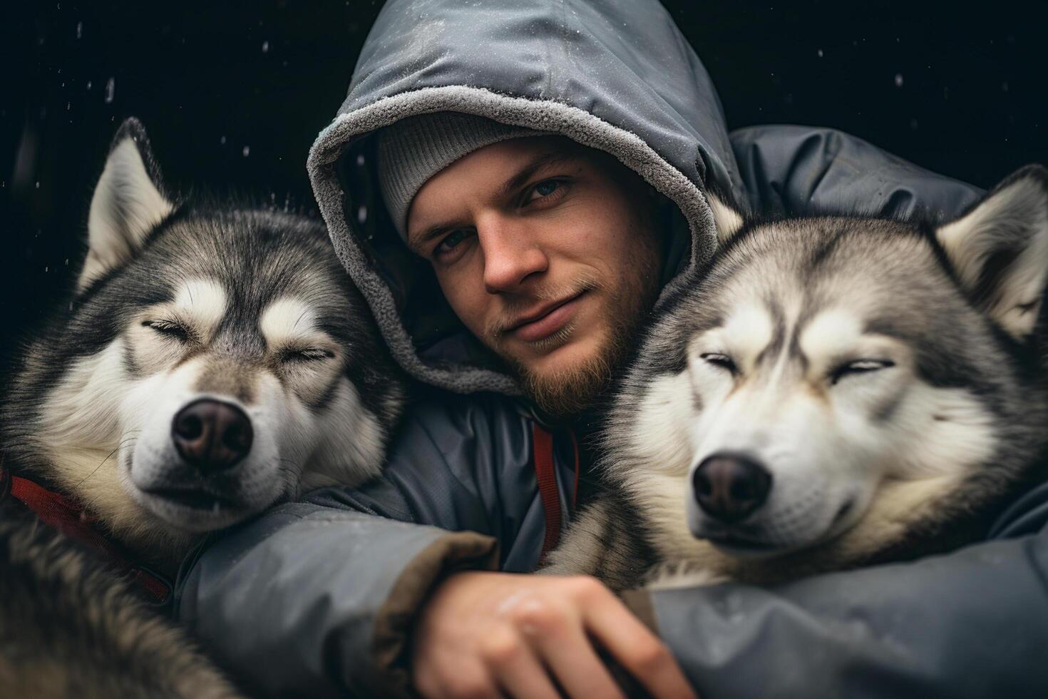 ai generado joven hombre abrazando con su perros esquimales perro con generativo ai foto