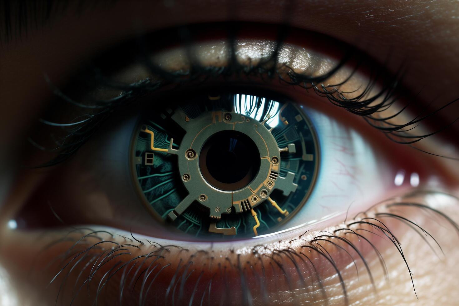 AI generated digital graphic in woman eye with generative ai photo