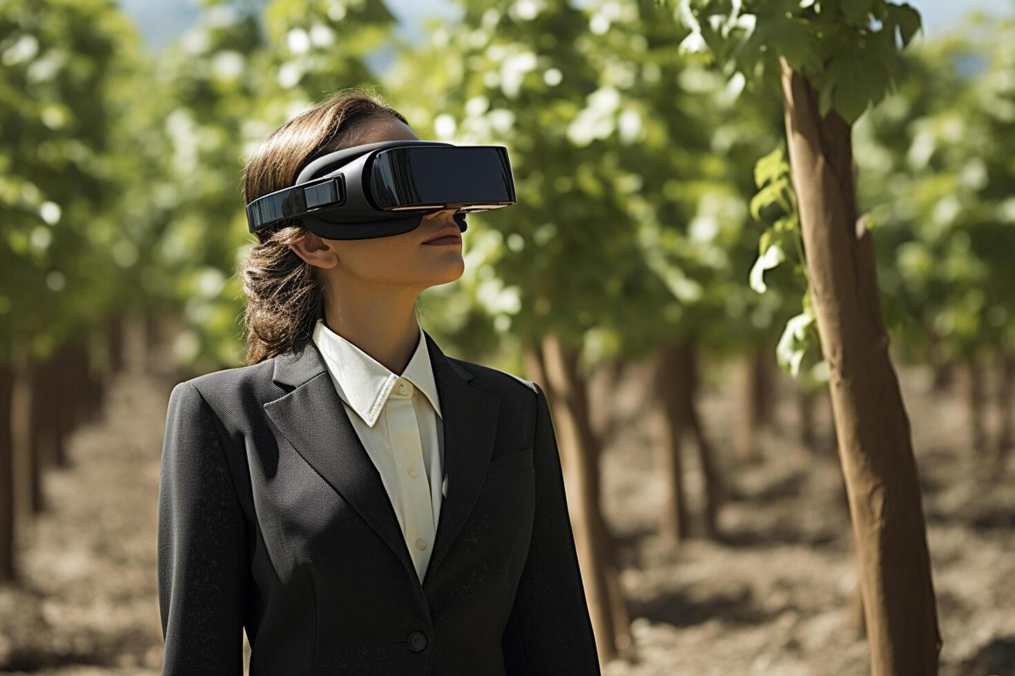 AI generated businesswoman wearing vr glasses looking at nature view bokeh style background with generative ai photo