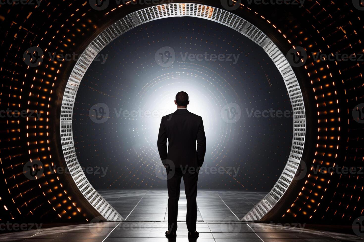 AI generated a businessman standing in front of an illuminated tunnel with generative ai photo