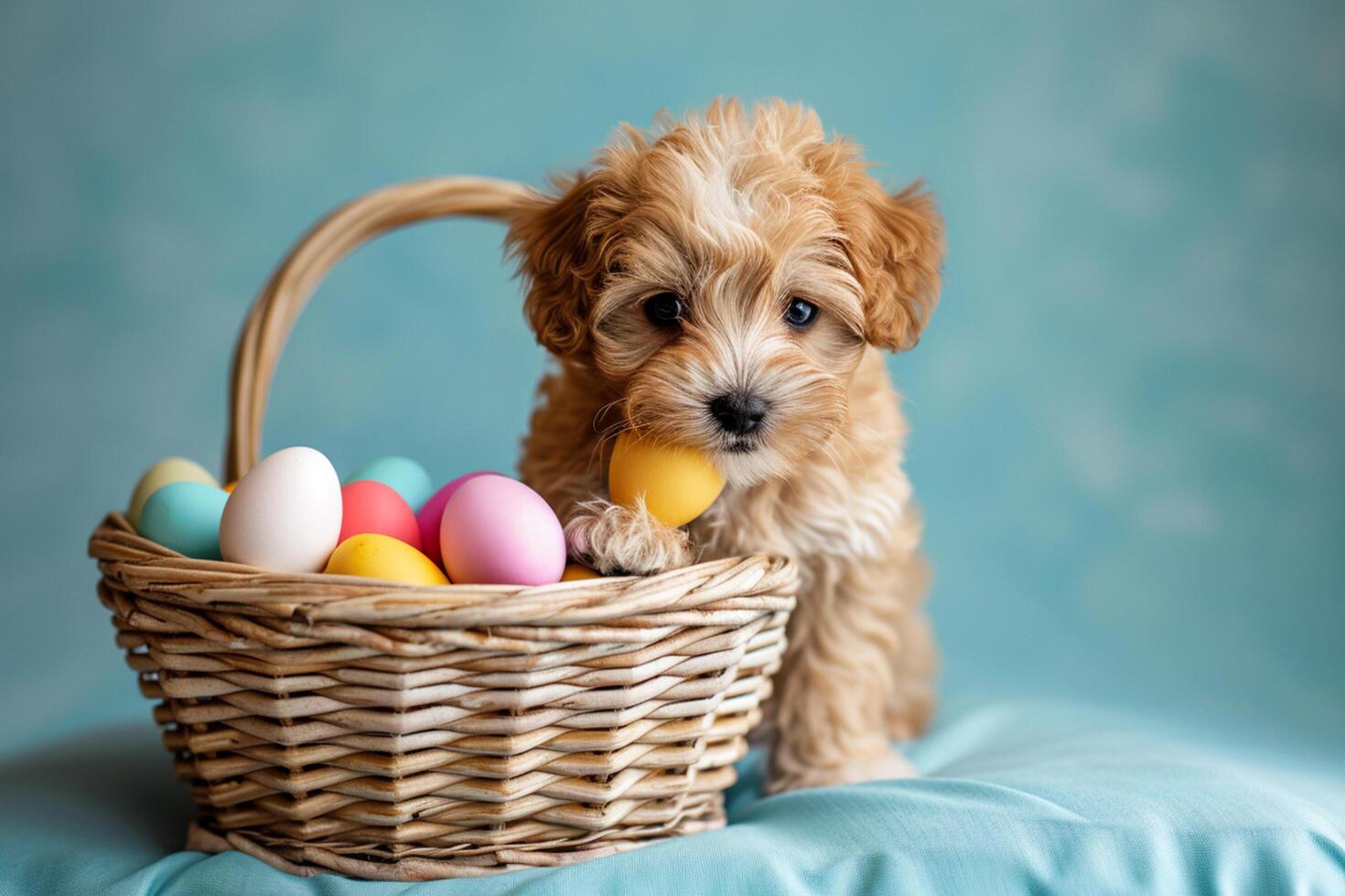 AI generated a cute puppy with colorful pastel easter eggs basket with generative ai photo