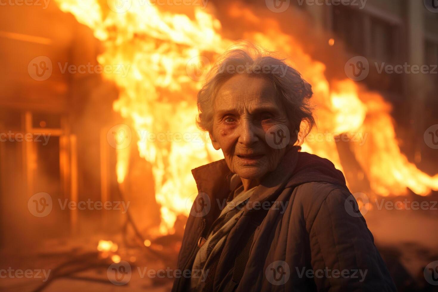AI generated an old woman standing in front of a burning building bokeh style background with Generative AI photo
