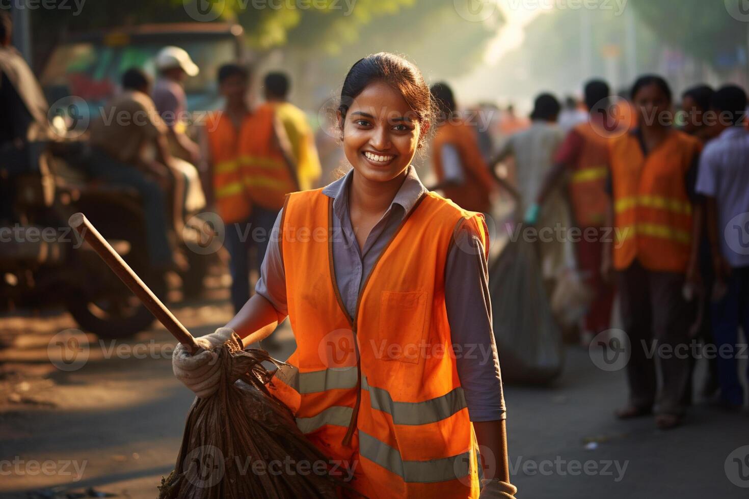 AI generated a female street sweeper worker smiling bokeh style background with Generative AI photo