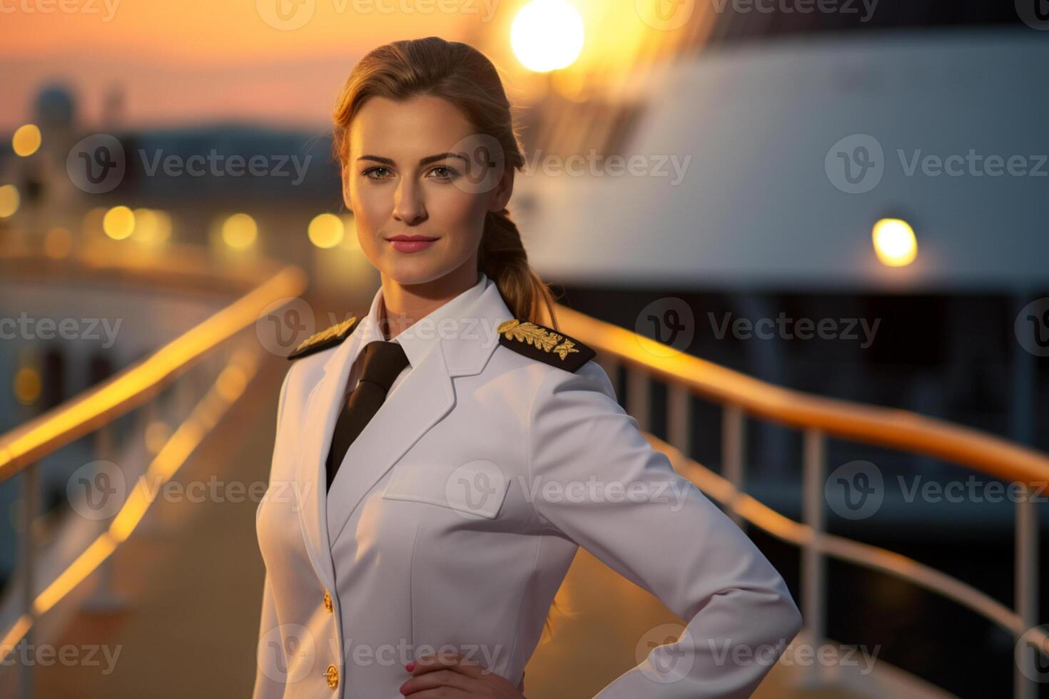 AI generated a female captain standing in front of the ship bokeh style background with Generated AI photo