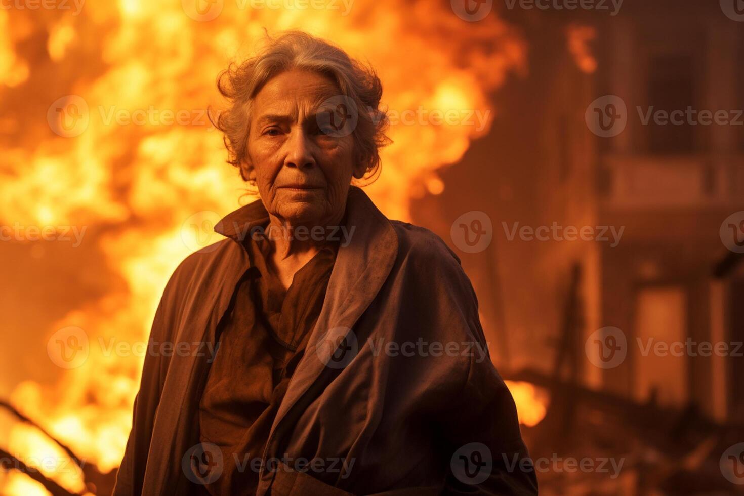 AI generated an old woman standing in front of a burning building bokeh style background with Generative AI photo