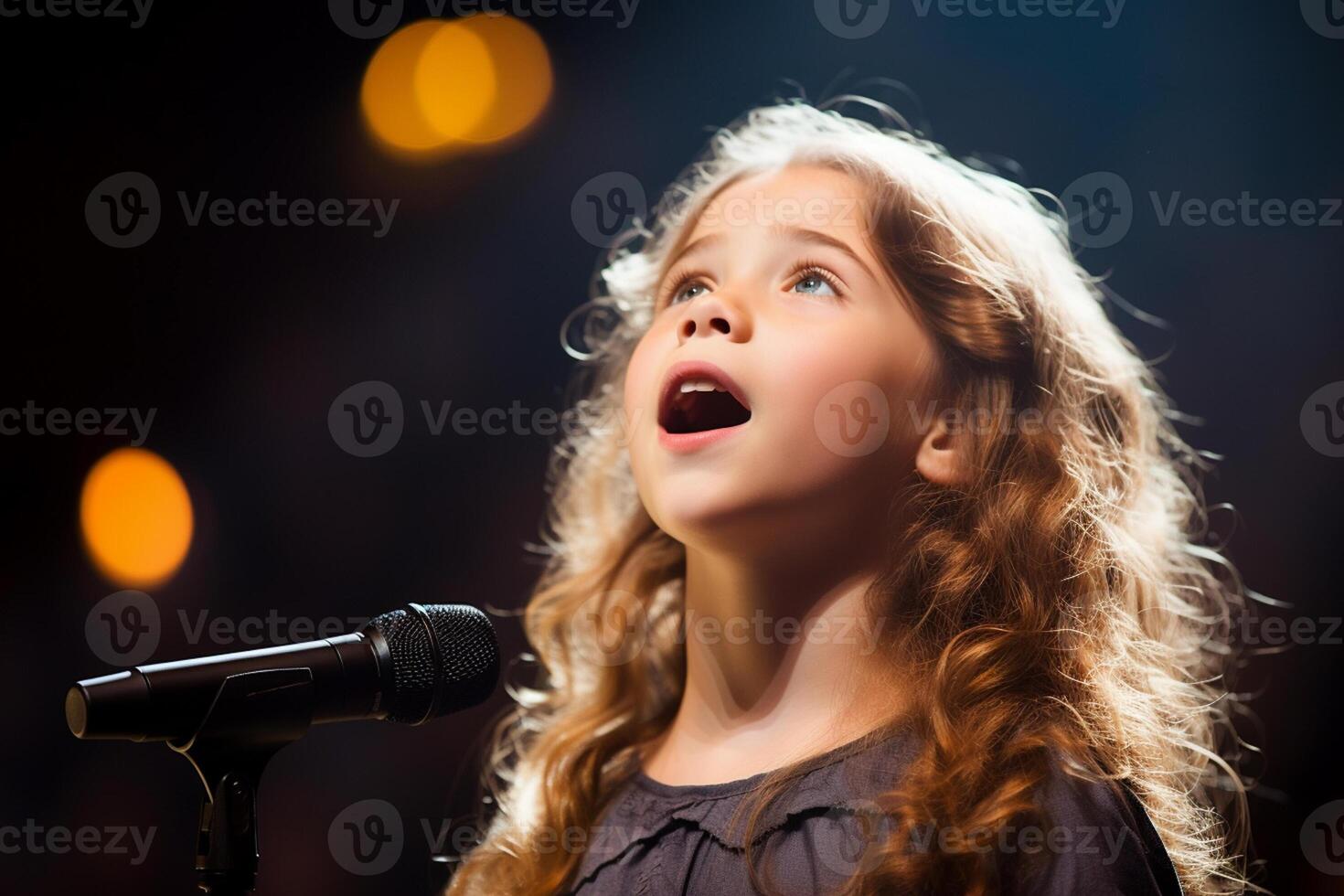 AI generated a young girl singing on the stage bokeh style background with Generated AI photo