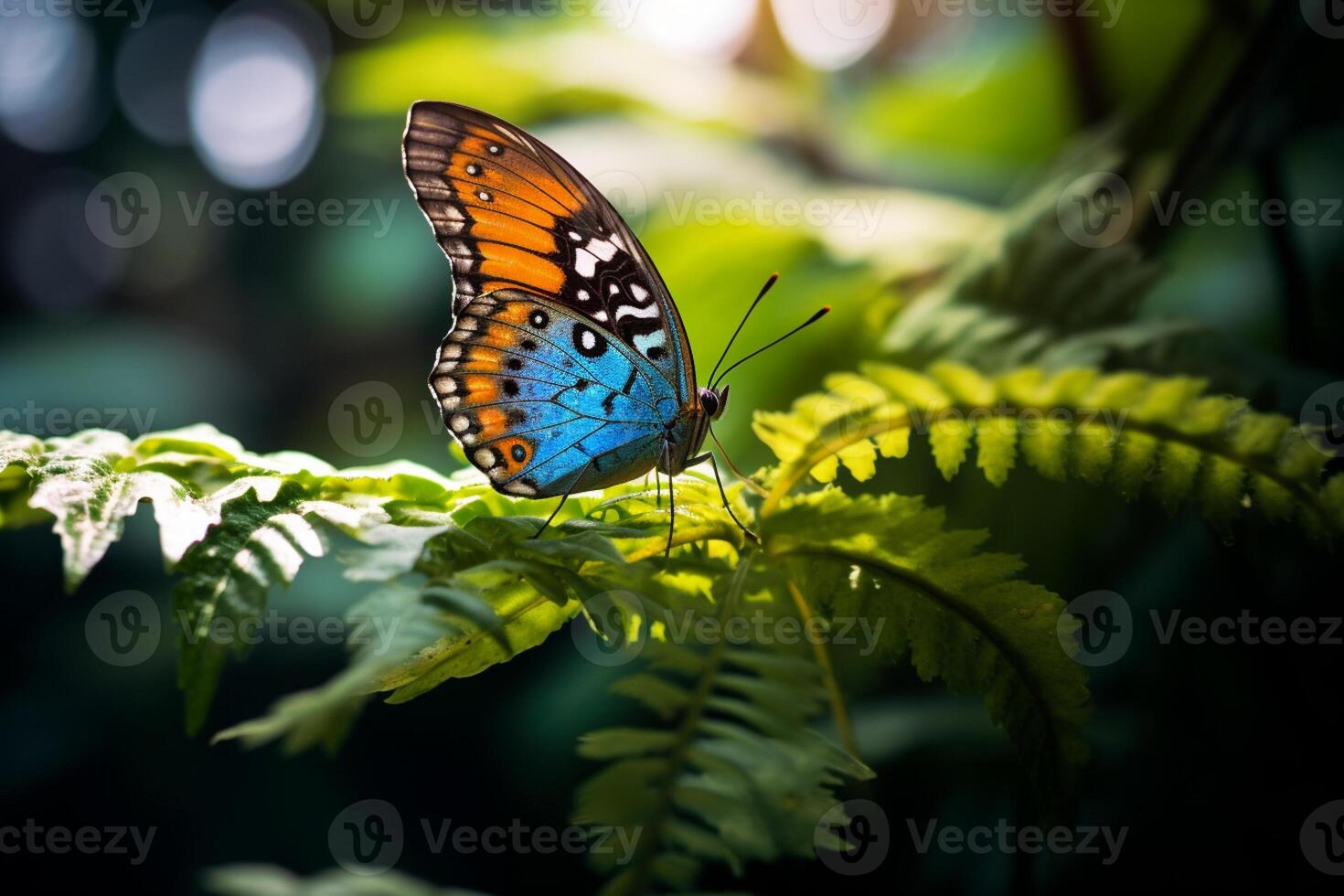 AI generated blue and yellow butterfly sitting on green plant leaves bokeh style background with Generated AI photo