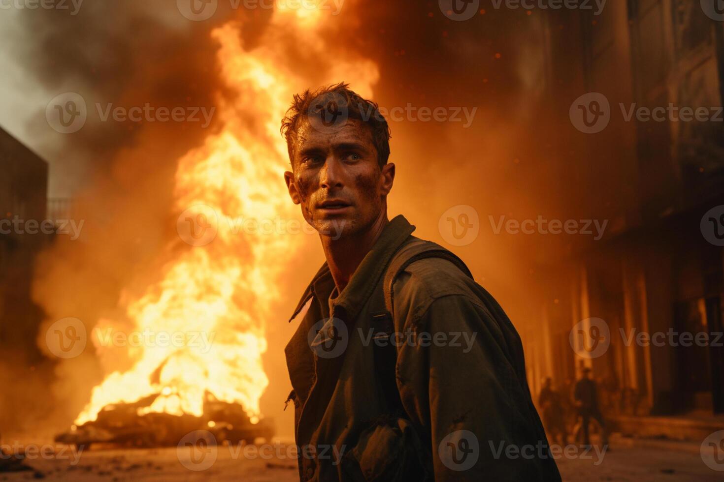 AI generated a man standing in front of a burning building bokeh style background with Generative AI photo