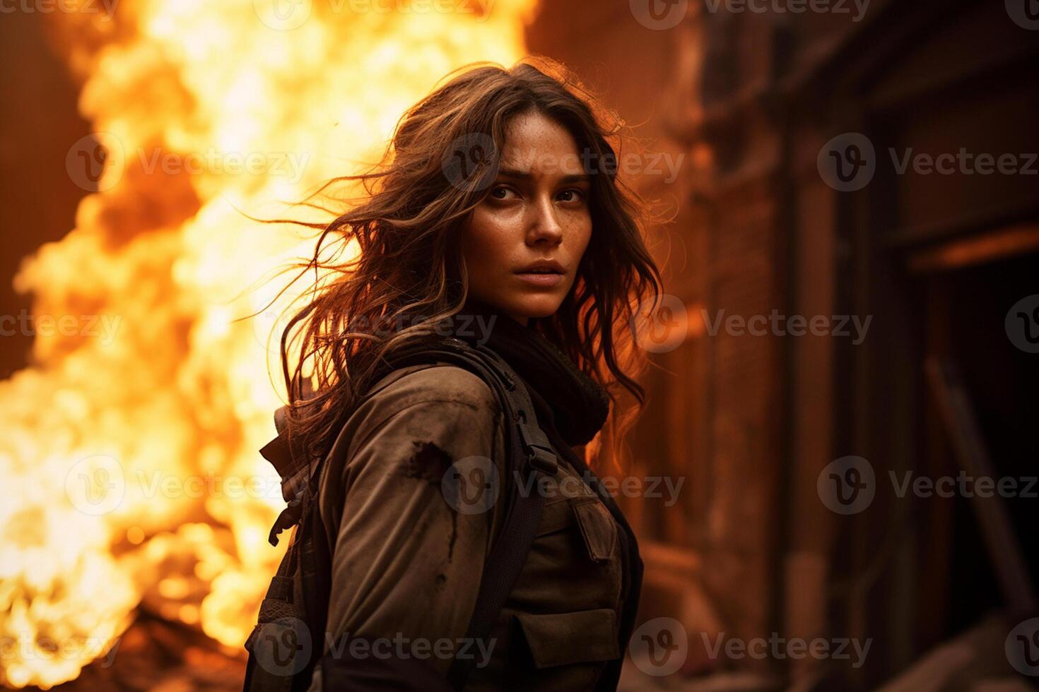 AI generated a woman standing in front of a burning building bokeh style background with Generative AI photo