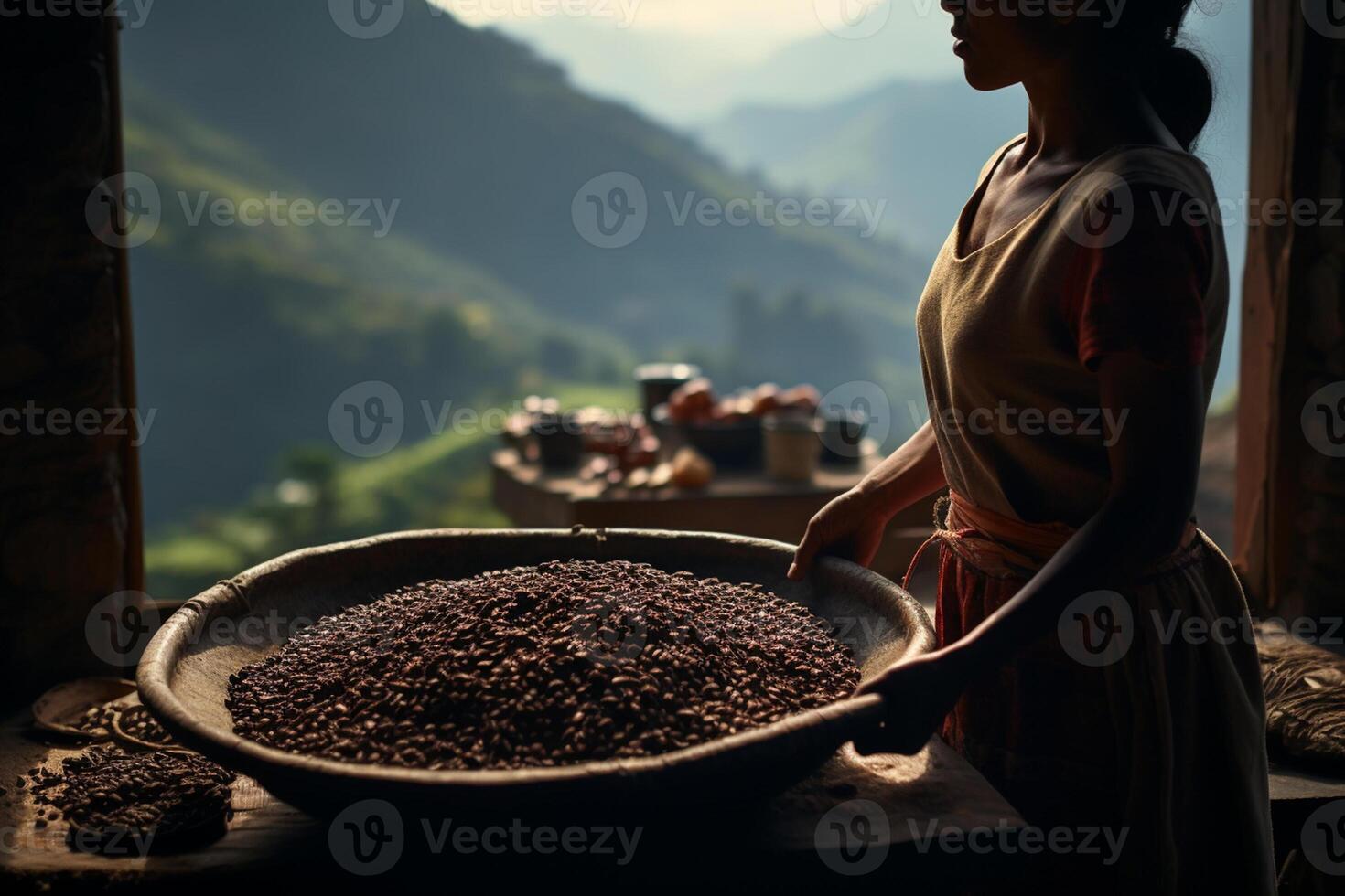 AI generated a woman holding a wood tray of coffee beans in front of nature background bokeh style background with Generative AI photo