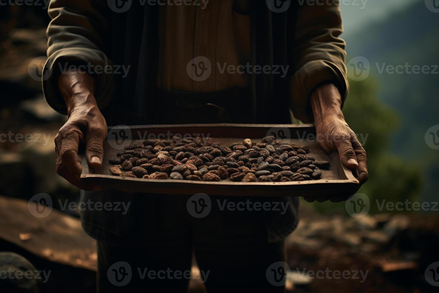 AI generated a man holding a wood tray of coffee beans in front of nature background bokeh style background with Generative AI photo