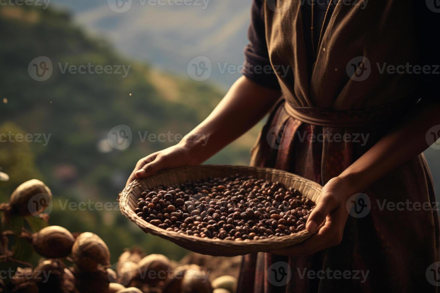 AI generated a woman holding a wood tray of coffee beans in front of nature background bokeh style background with Generative AI photo