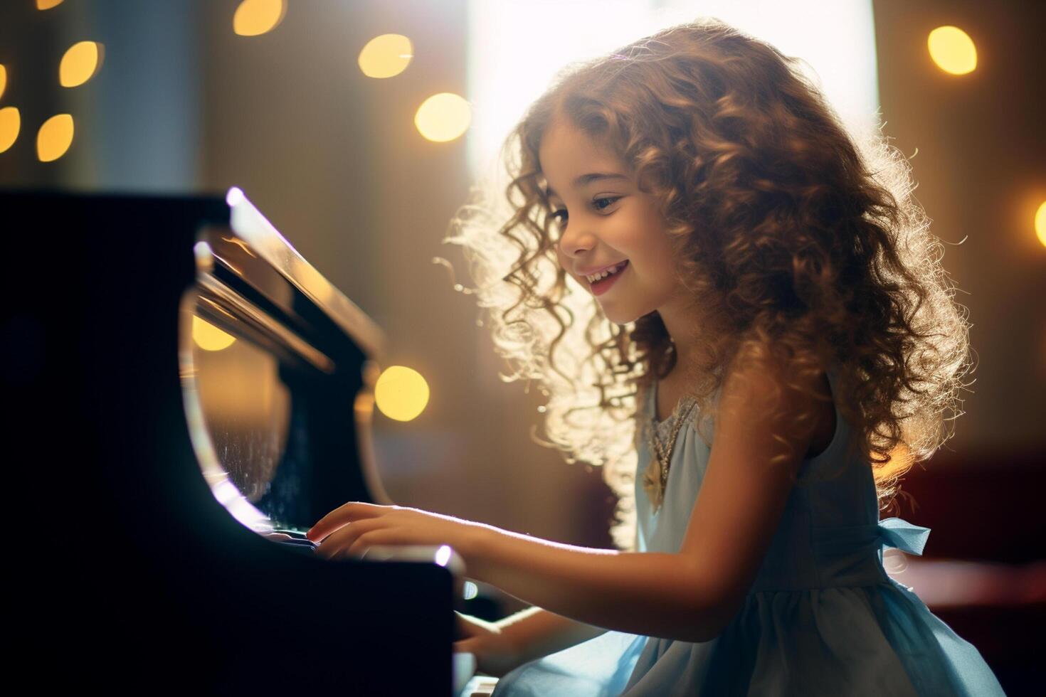 AI generated a girl playing piano in living room bokeh style background with Generative AI photo