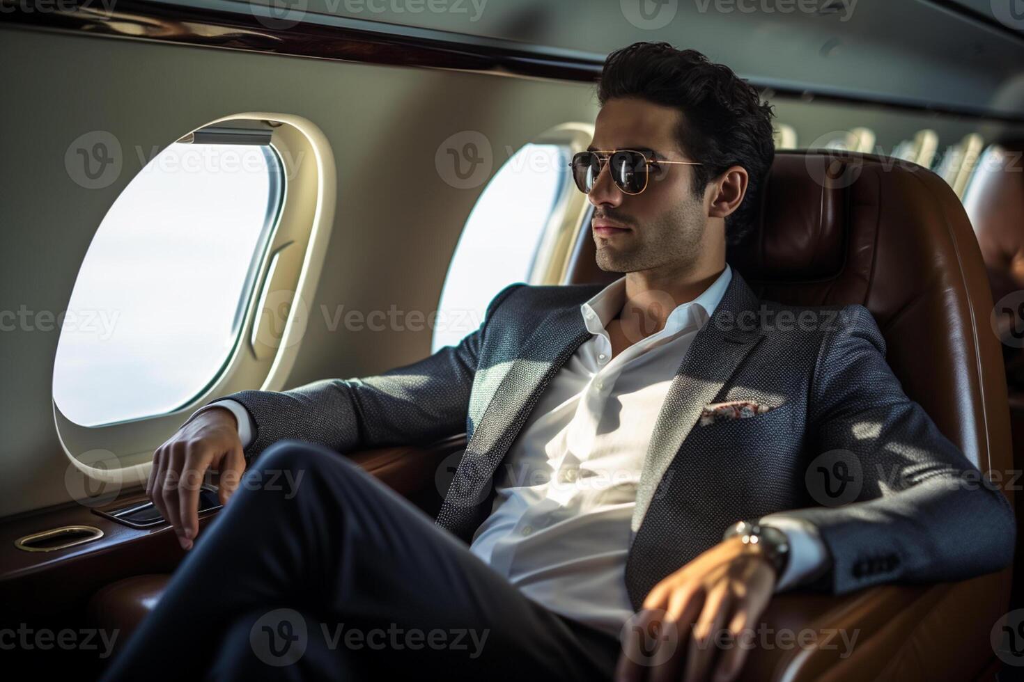 AI generated businessman sitting on private jet bokeh style background with Generated AI photo
