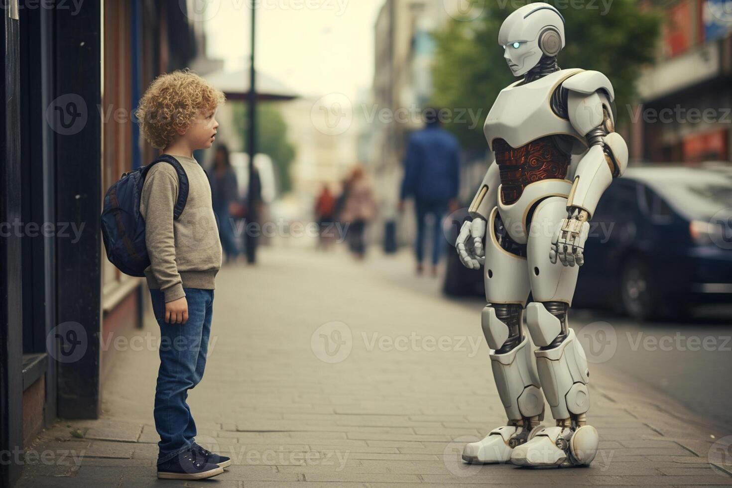 AI generated young boy talking with robot bokeh style background with Generative AI photo