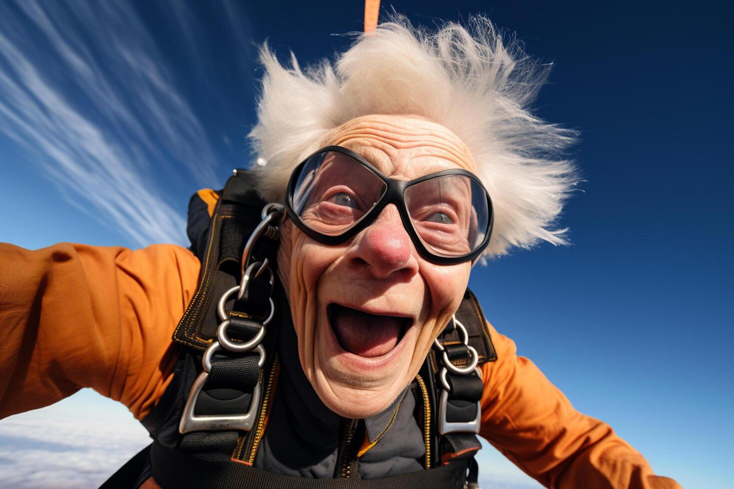 AI generated an old woman taking a selfie while skydiving with Generated AI photo