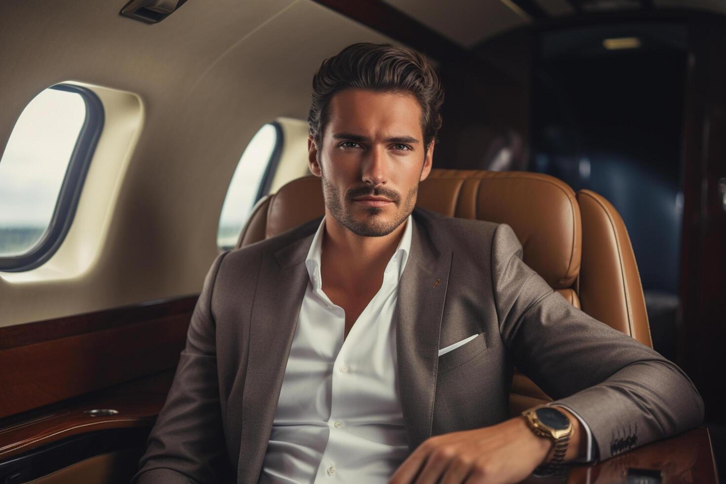 AI generated businessman sitting on private jet bokeh style background with Generated AI photo
