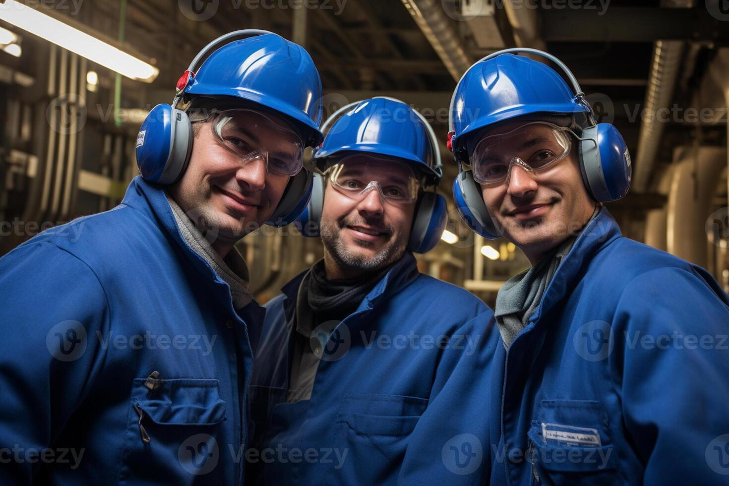 AI generated three maintenance engineer wearing blue uniform smiling bokeh style background with Generated AI photo
