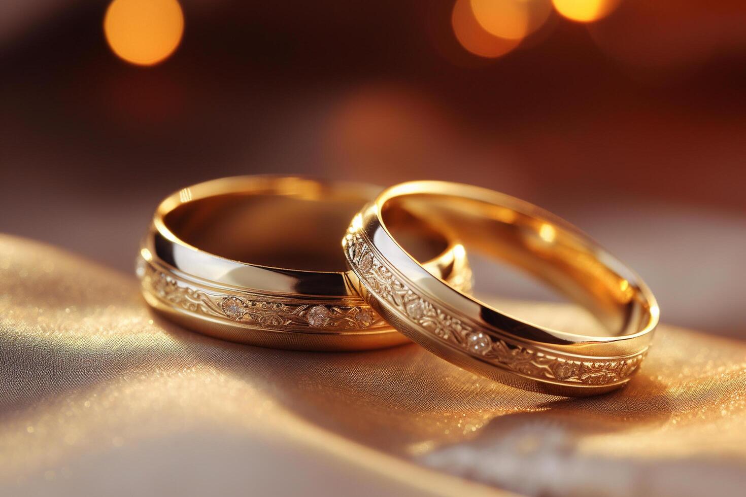 AI generated close up of two gold wedding rings bokeh style background with Generated AI photo
