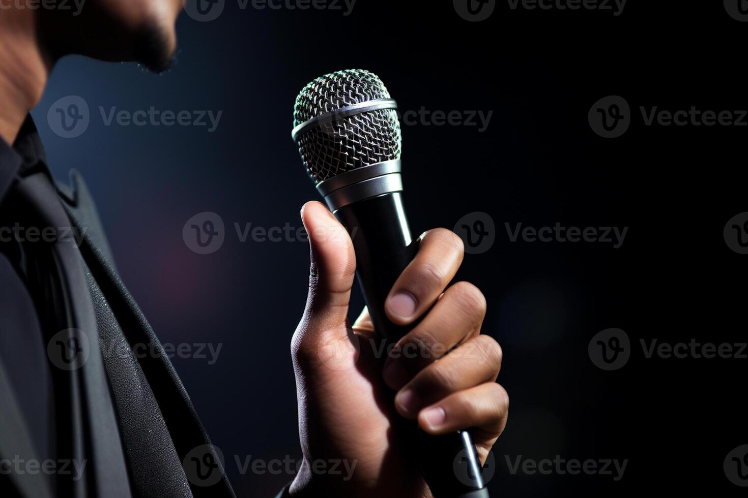 AI generated close up of hands holding a microphone with Generated AI photo