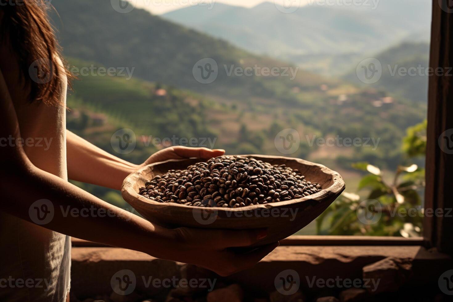 AI generated a woman holding a wood tray of coffee beans in front of nature background bokeh style background with Generative AI photo