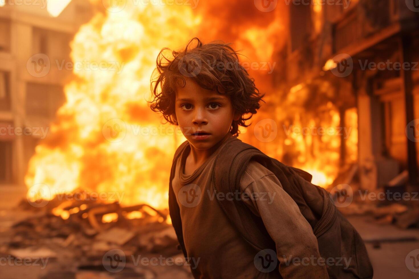 AI generated a young boy standing in front of a burning building bokeh style background with Generative AI photo