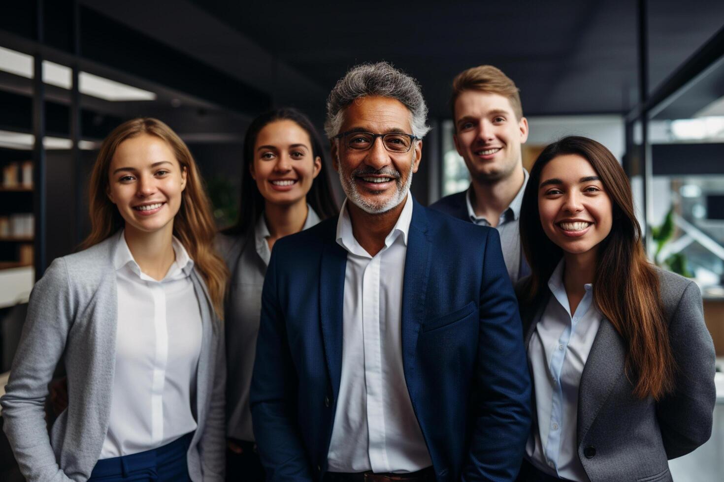 AI generated business teamwork smiling in the office bokeh style background with Generated AI photo