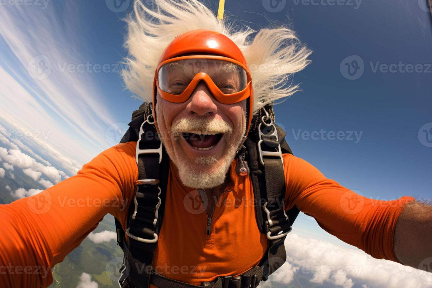 AI generated an old man taking a selfie while skydiving with Generated AI photo