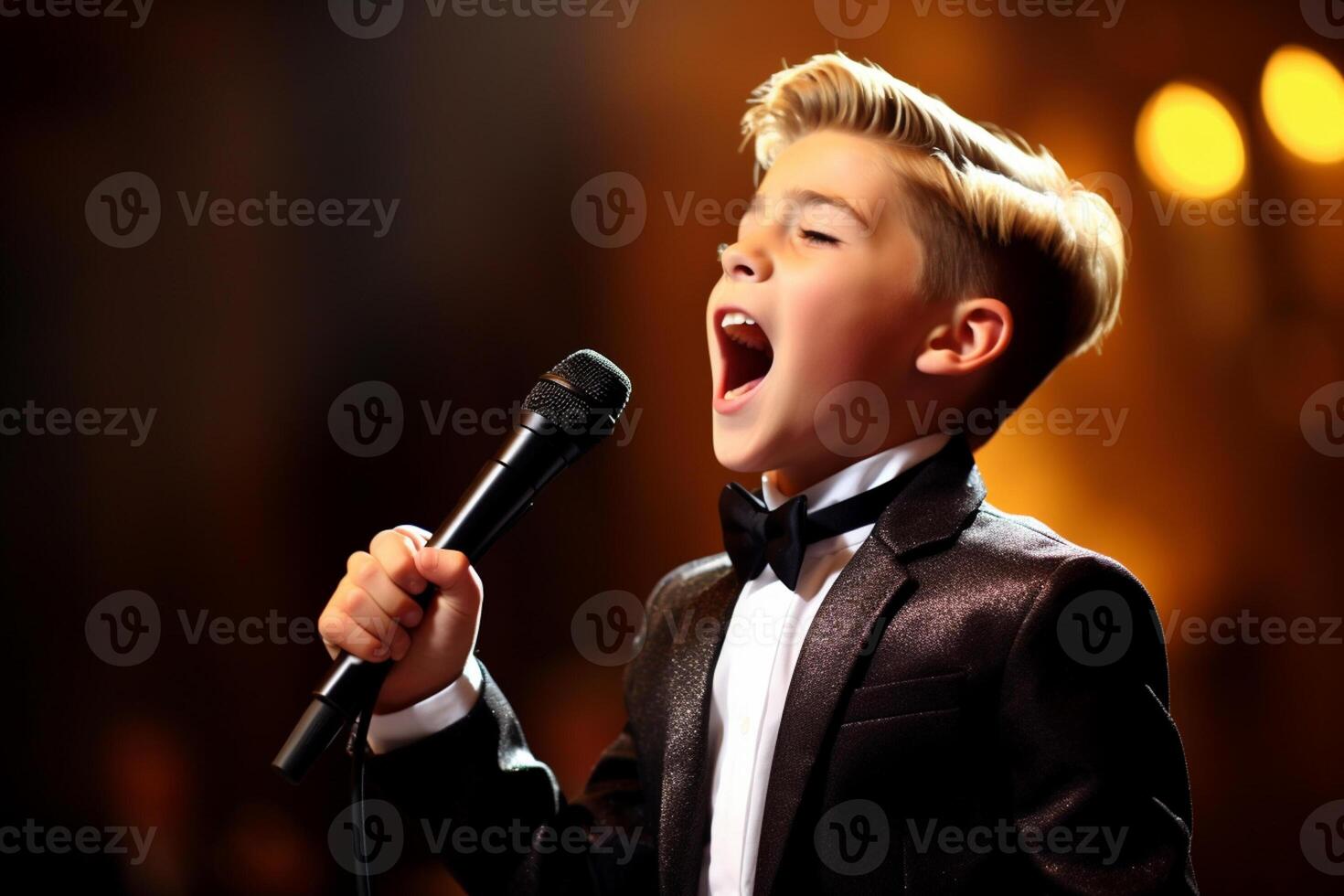 AI generated a young boy singing on the stage bokeh style background with Generated AI photo
