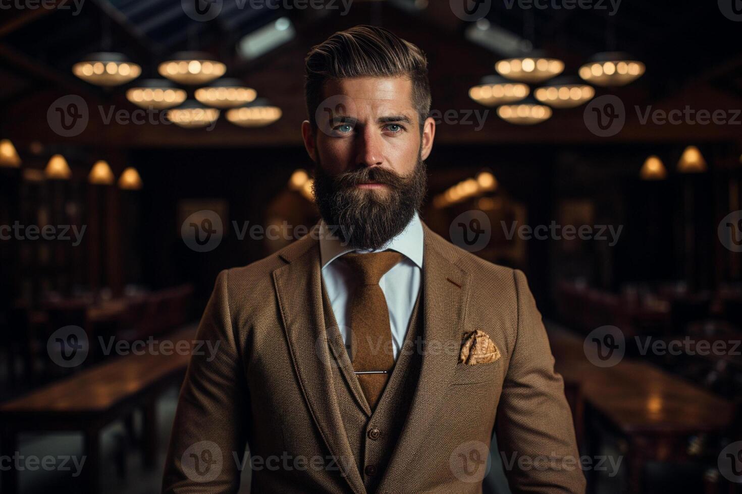 AI generated handsome middle age man model wearing brown suit bokeh style background with Generated AI photo