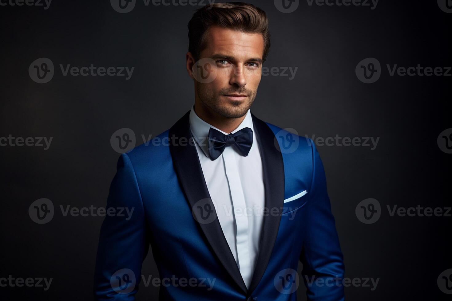 AI generated handsome man model wearing blue tuxedo bokeh style background with Generated AI photo