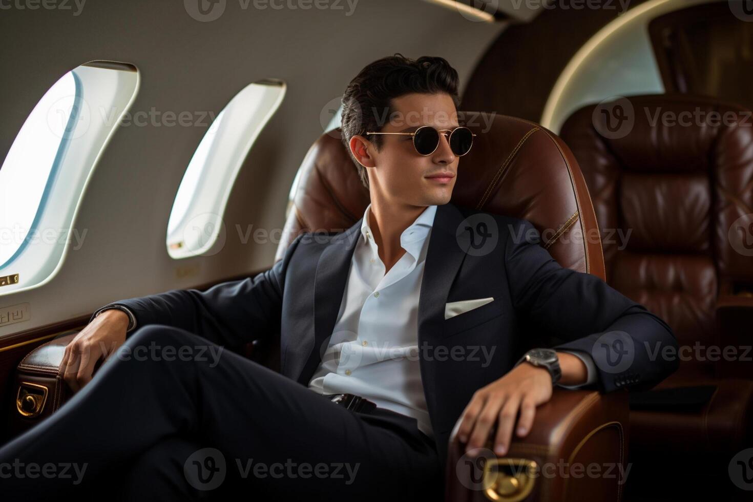 AI generated businessman sitting on private jet bokeh style background with Generated AI photo
