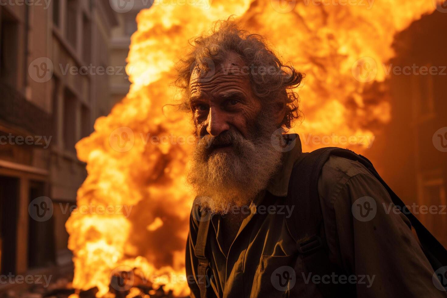 AI generated an old man standing in front of a burning building bokeh style background with Generative AI photo