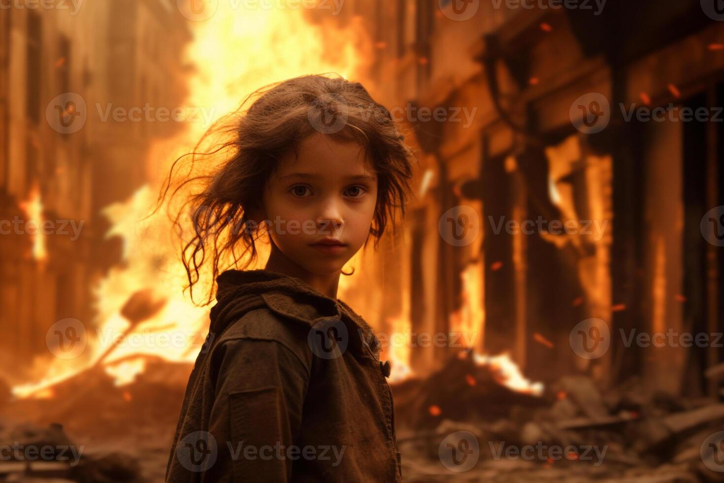 AI generated a young girl standing in front of a burning building bokeh style background with Generative AI photo