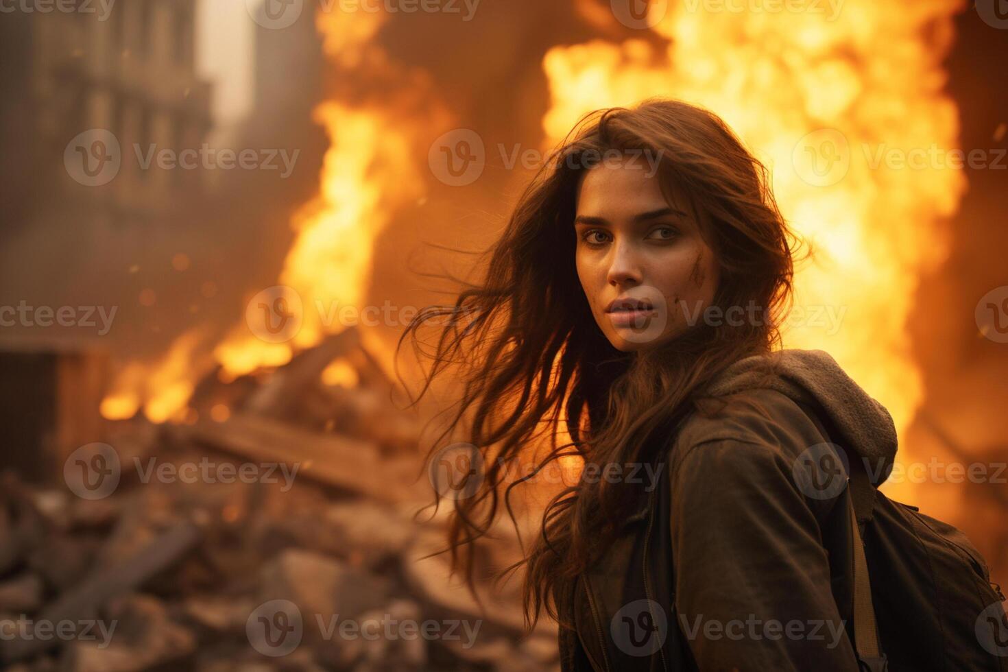 AI generated a woman standing in front of a burning building bokeh style background with Generative AI photo